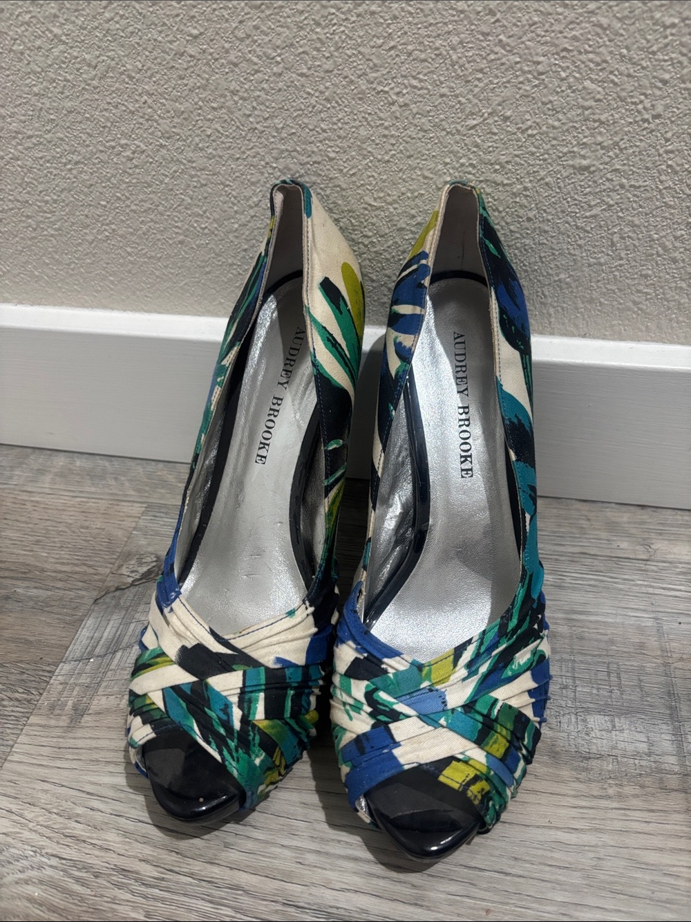 Audrey Brooke Green Blue Patterned Peep-Toe Heels
